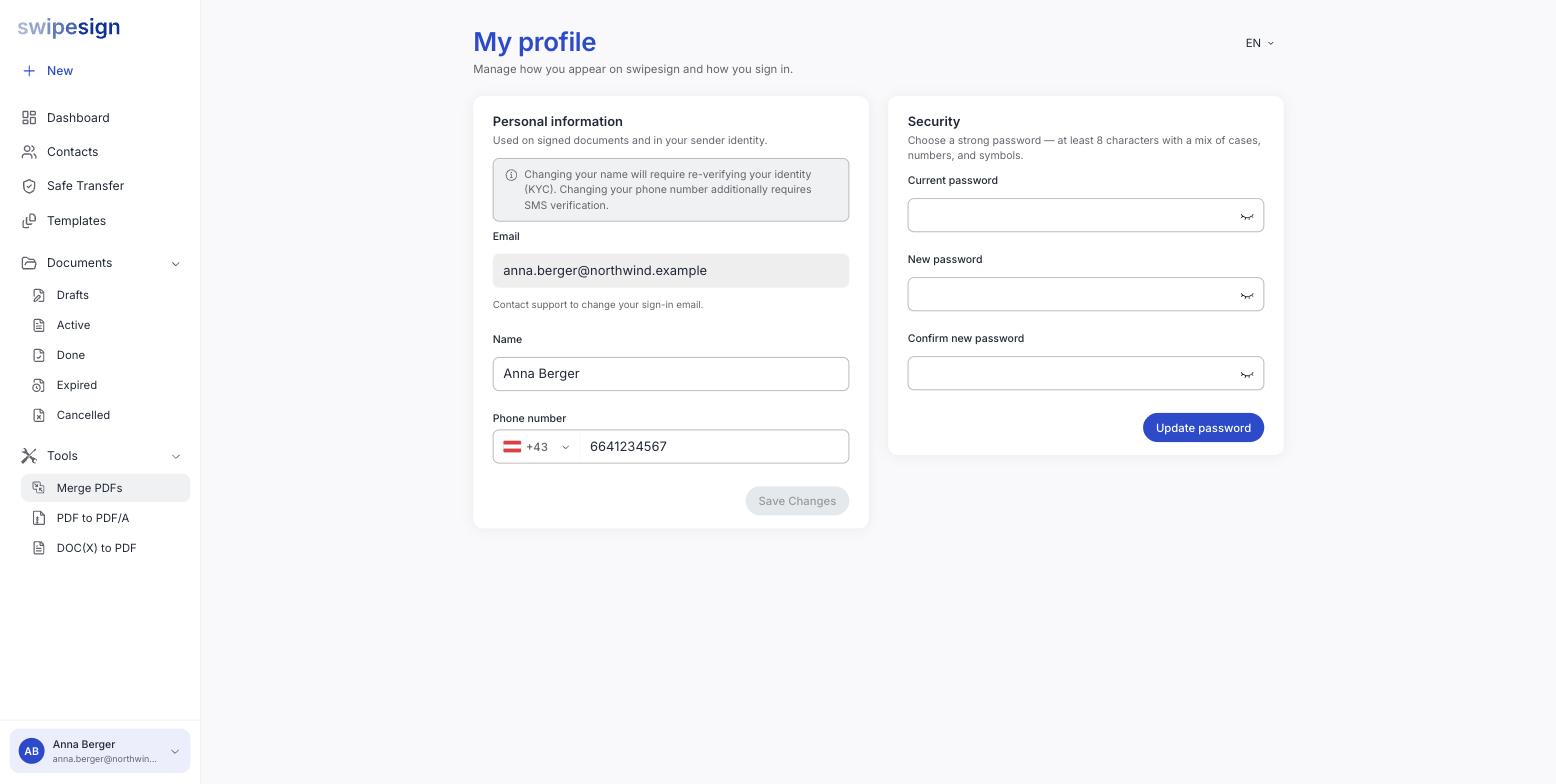 Die Seite „Mein Profil" mit der Karte „Persönliche Daten" für E-Mail-Adresse, Name und Telefonnummer und der Karte „Sicherheit" zum Ändern des Passworts.