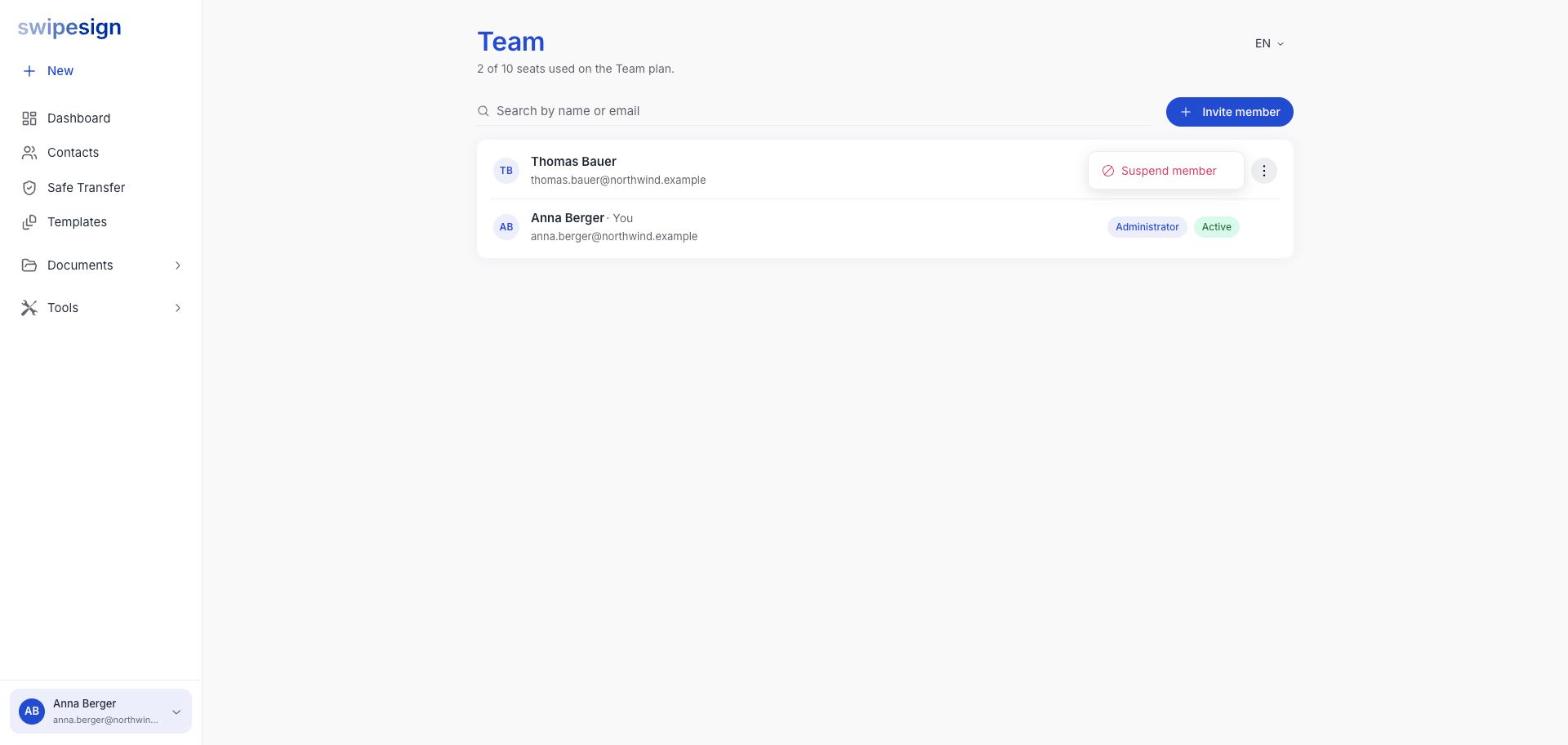 Das Zeilenmenü für ein aktives Teammitglied mit „Mitglied sperren".