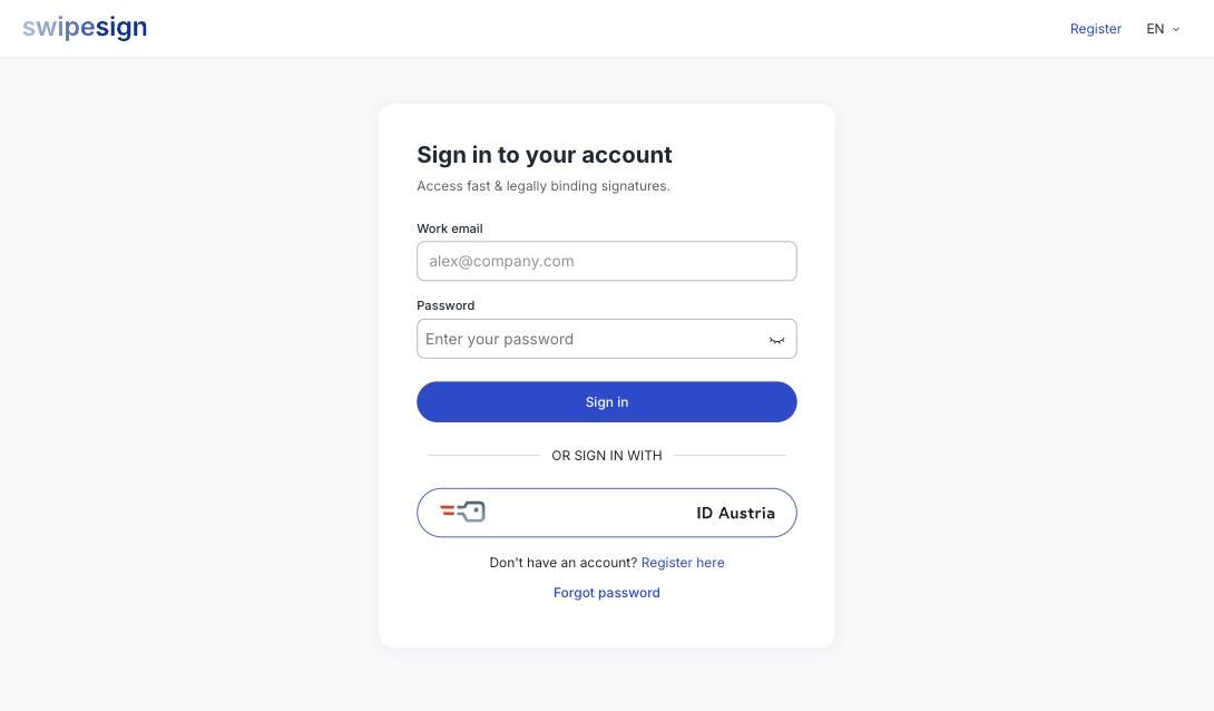 Der swipesign-Anmeldebildschirm mit Feldern für geschäftliche E-Mail-Adresse und Passwort und darunter, nach einer Trennlinie „ODER anmelden mit", einer Schaltfläche für ID Austria.