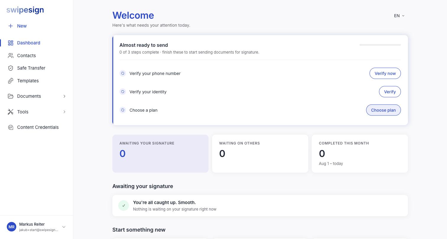 Das Dashboard mit dem Feld „Fast bereit zum Versenden" und drei Schritten: Telefonnummer verifizieren, Identität verifizieren und einen Tarif wählen.
