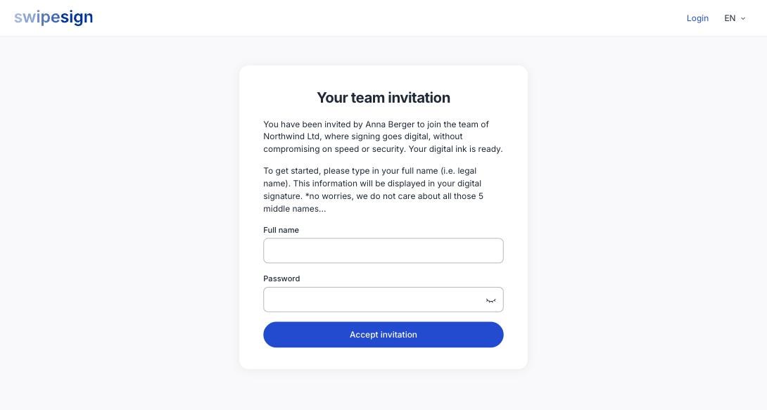 Der Bildschirm zur Team-Einladung mit dem Namen der Person, die Sie eingeladen hat, und des Unternehmens, Feldern für vollständigen Namen und Passwort und einer Schaltfläche zum Annehmen der Einladung.