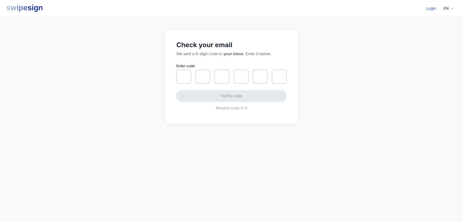 Der Bildschirm zur E-Mail-Prüfung mit sechs Codefeldern und einem Zähler bis zum erneuten Senden.
