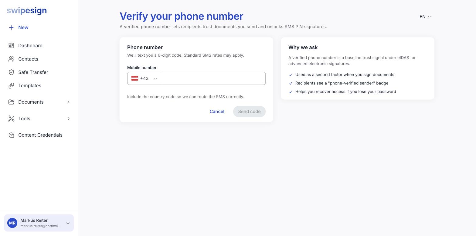 Der Bildschirm „Telefonnummer verifizieren" mit einem Feld für die Mobilnummer und einem Kasten „Warum wir das fragen" mit drei Gründen.