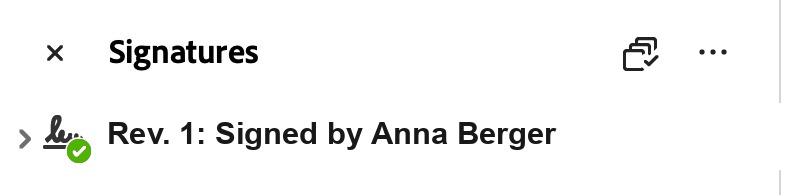 Das Signaturen-Fenster von Adobe Acrobat mit einem Eintrag, „Rev. 1: Signed by Anna Berger", und einem grünen Häkchen am Signatursymbol.