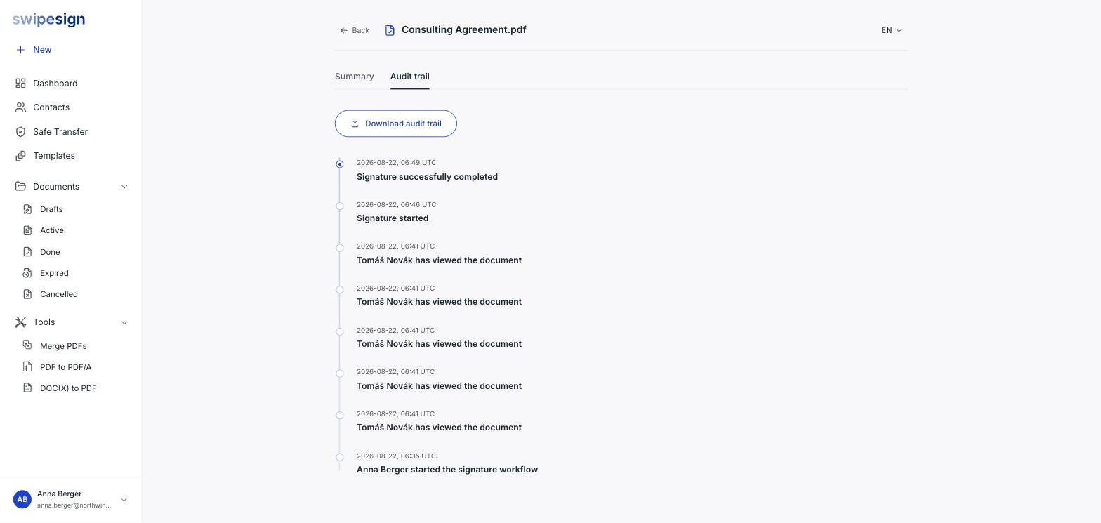 Der Reiter „Audit Trail" mit einer Zeitleiste der Ereignisse in umgekehrter Reihenfolge: Signatur erfolgreich abgeschlossen, Signaturvorgang gestartet, mehrere Aufrufe des Dokuments und der Start des Vorgangs.