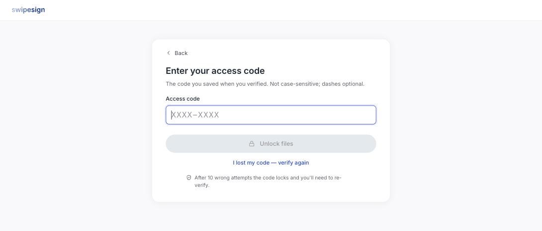 Der Bildschirm „Zugangscode eingeben" mit einem Eingabefeld, einem Hinweis auf die verbleibenden Versuche und einem Link, um sich erneut zu verifizieren.