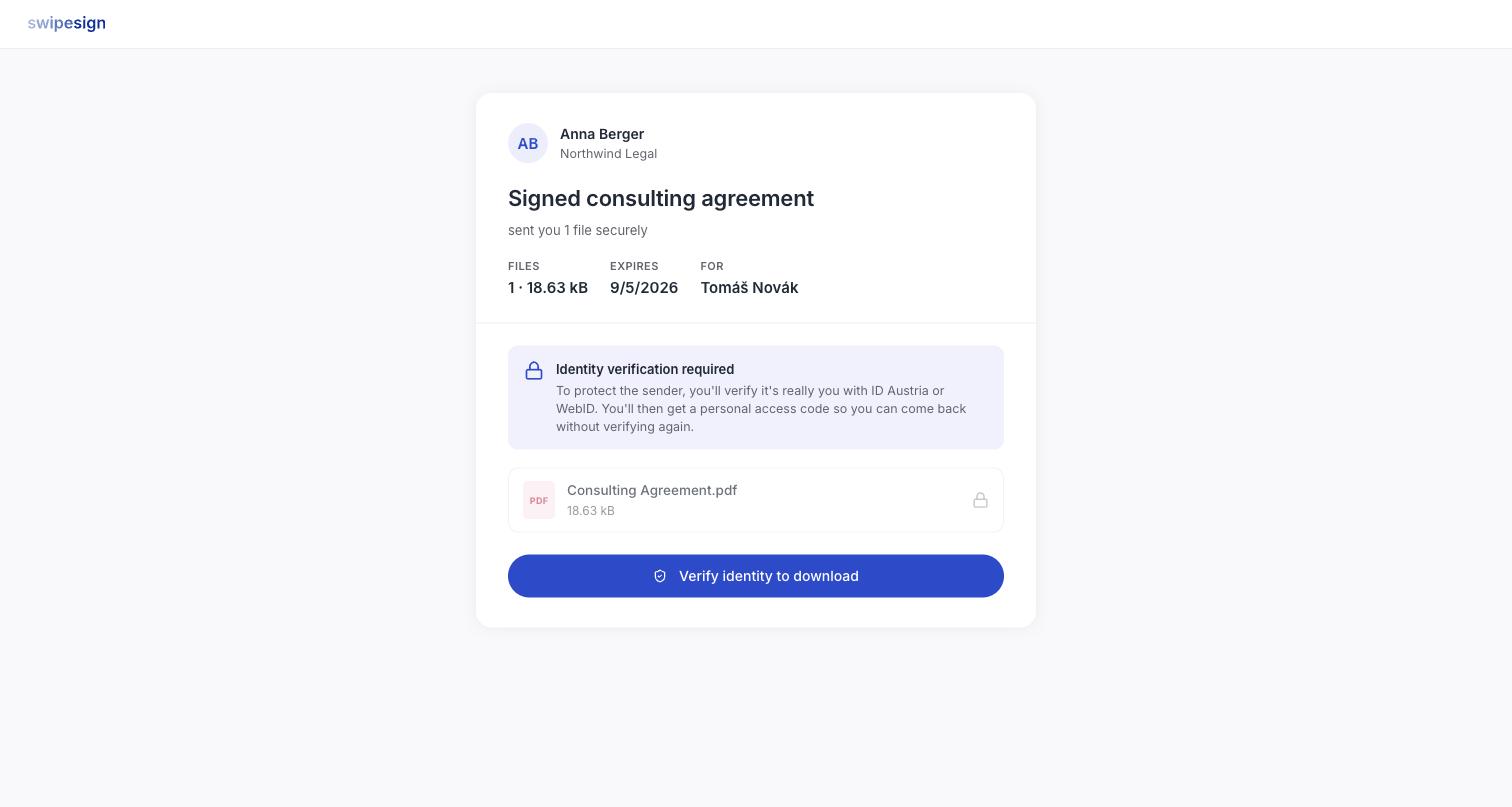Eine Safe-Transfer-Startseite mit Absender:in, Betreff, Anzahl der Dateien, Ablaufdatum, Empfängername und der Schaltfläche „Identität prüfen und herunterladen".