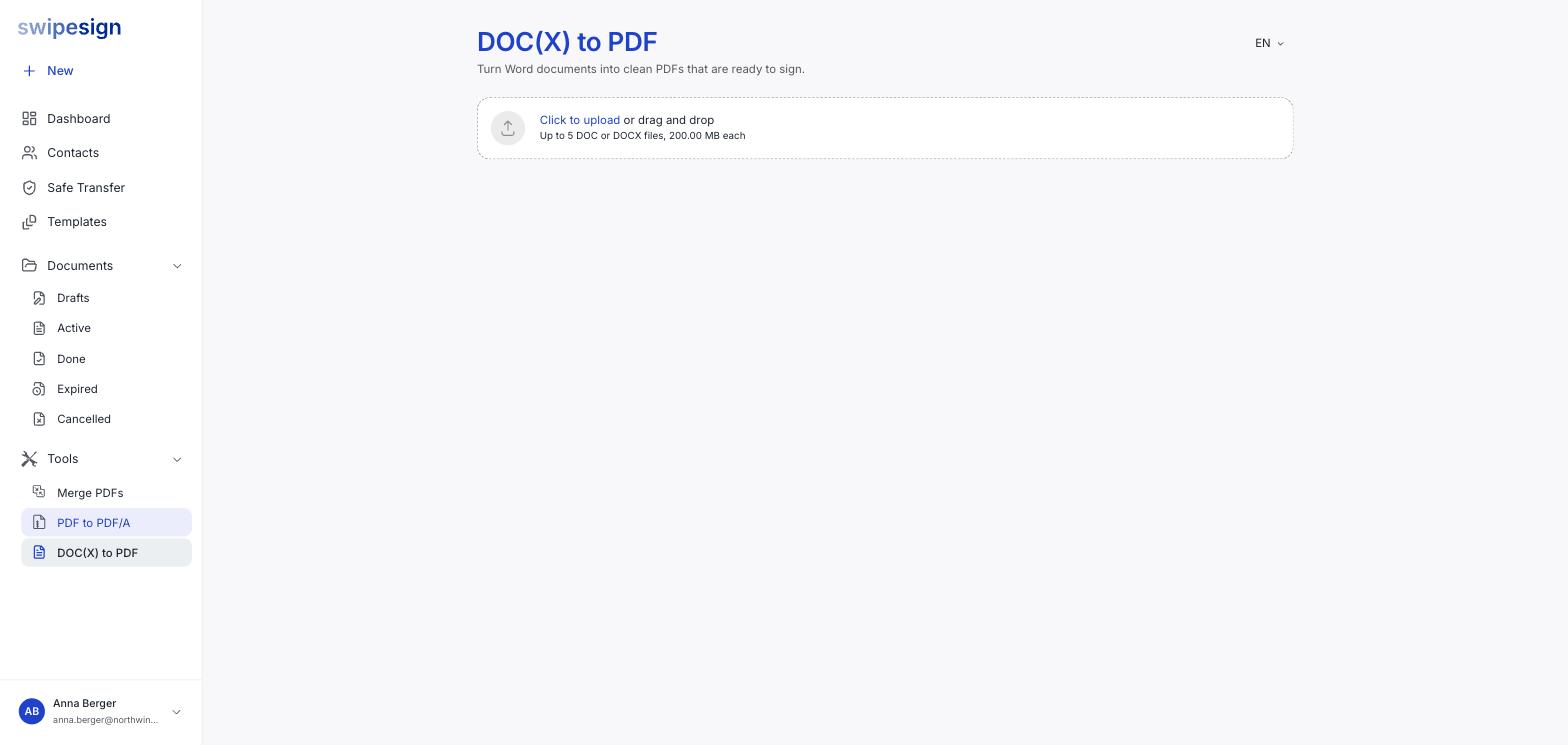 Das Werkzeug „DOC(X) zu PDF", das bis zu 5 DOC- oder DOCX-Dateien mit je 200 MB annimmt.