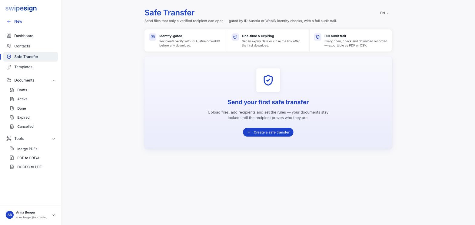 Die Safe-Transfer-Seite, die identitätsgesicherte Zustellung, einmalige und ablaufende Links und ein vollständiges Prüfprotokoll beschreibt.