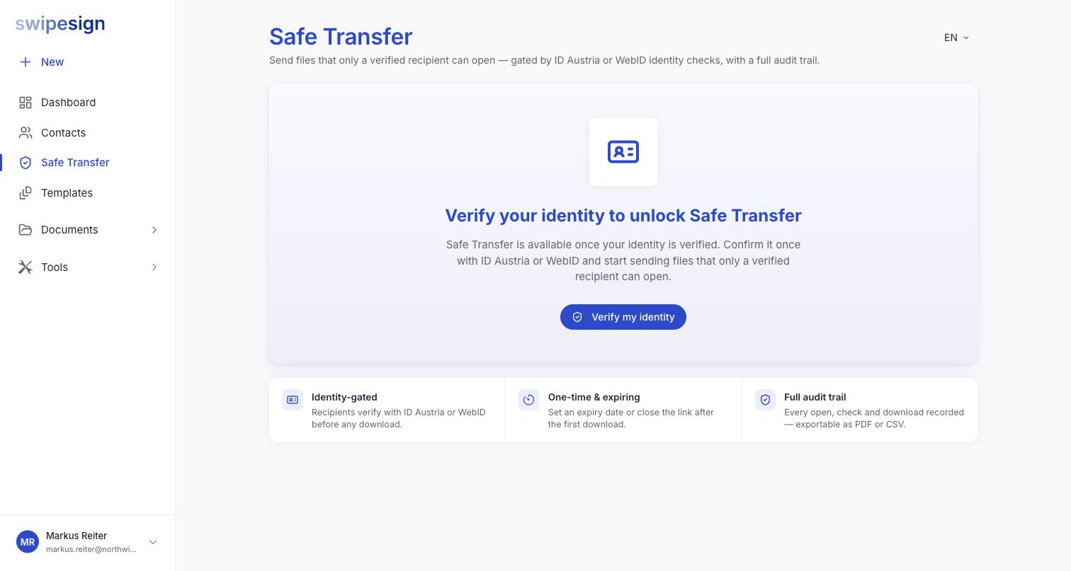Die Safe-Transfer-Seite in einem nicht verifizierten Konto, mit „Verifizieren Sie Ihre Identität, um den Sicheren Transfer freizuschalten" und der Schaltfläche „Meine Identität verifizieren".
