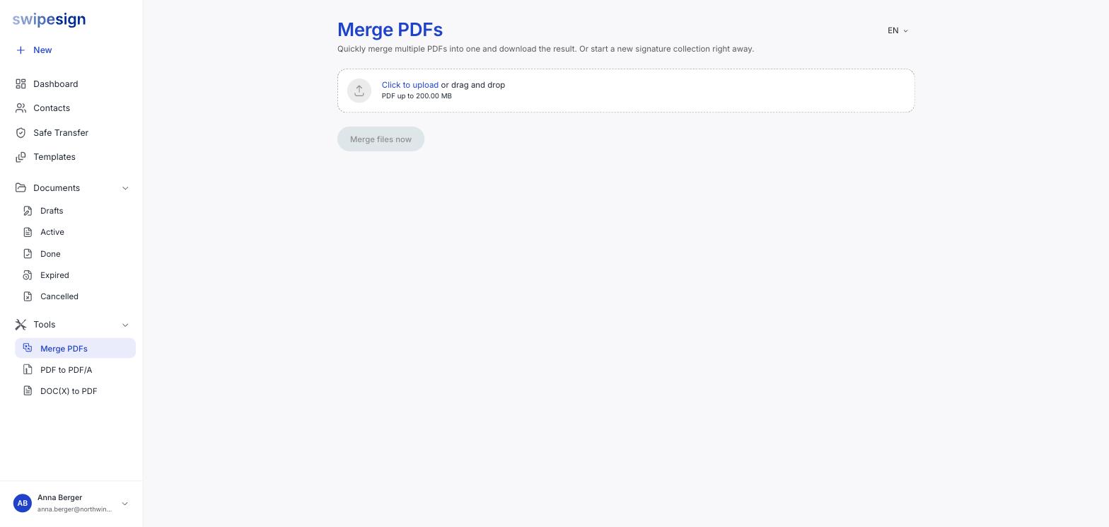 Das Werkzeug „PDFs zusammenführen" mit einem Upload-Bereich für PDFs bis 200 MB und einer Schaltfläche zum Zusammenführen.