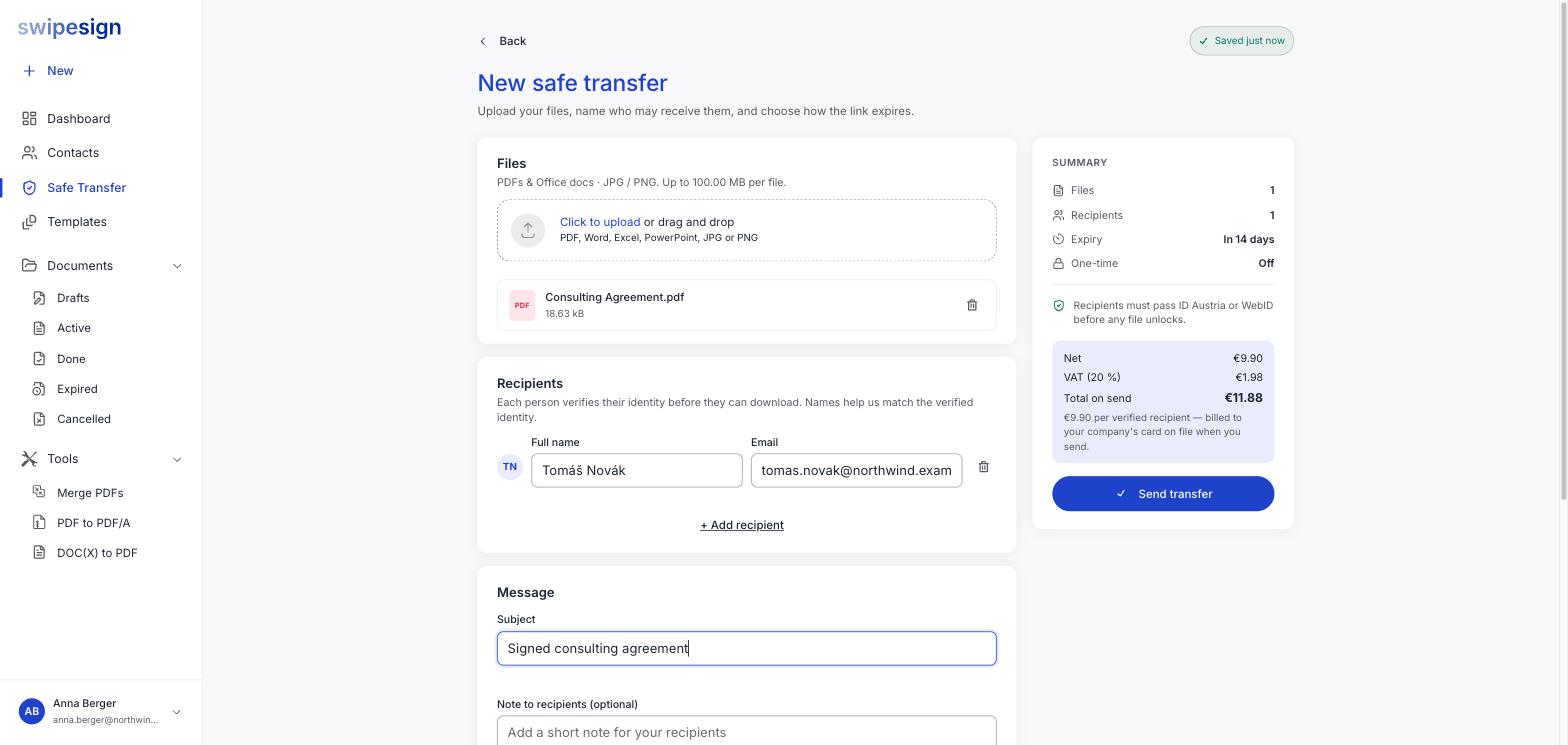 Der Bildschirm für einen neuen Safe Transfer mit einer hinzugefügten Datei, einem ausgefüllten Empfängereintrag und einer Zusammenfassung mit Dateien, Empfänger:innen, Ablauf und Preis.