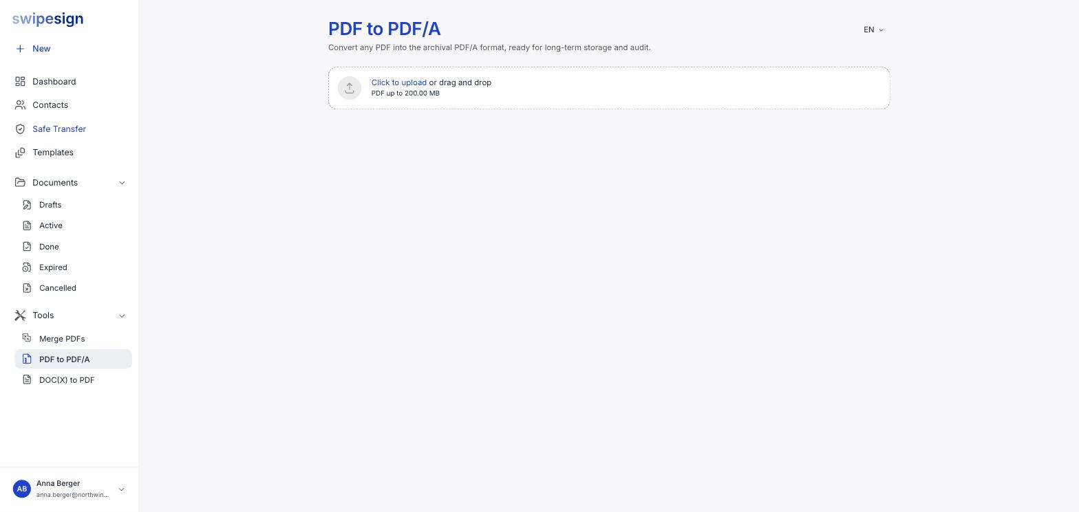 Das Werkzeug „PDF zu PDF/A" mit einem Upload-Bereich für PDFs bis 200 MB.