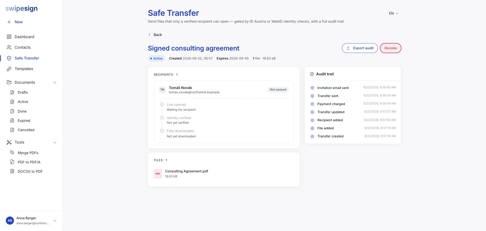 Die Detailseite eines Safe Transfers mit dem:der Empfänger:in und einer dreistufigen Fortschrittsliste, den Dateien und einem Prüfprotokoll mit Zeitstempeln.