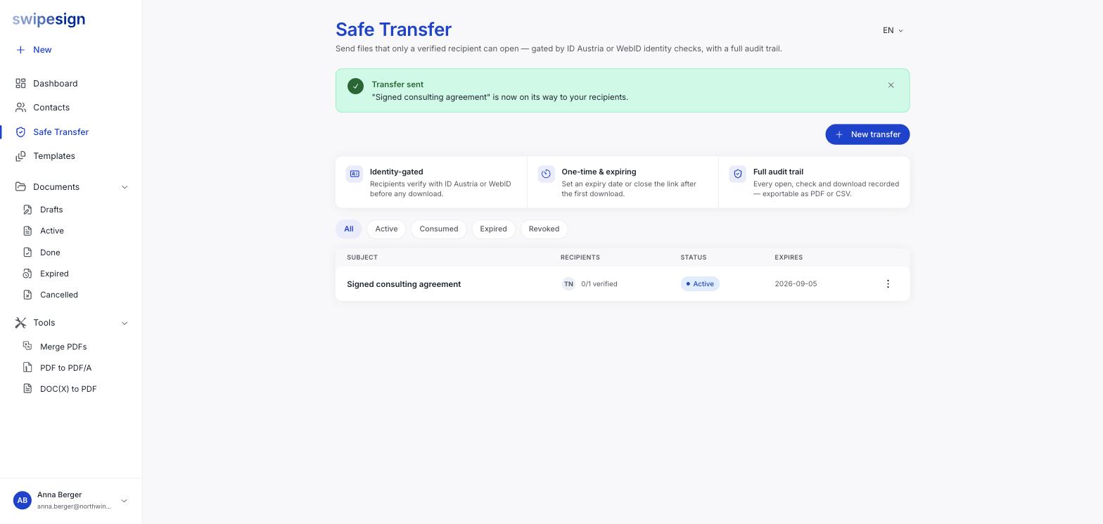 Die Safe-Transfer-Liste mit einer versendeten Übertragung samt Empfänger:innen, Anzahl der Verifizierungen, dem Status „Aktiv" und dem Ablaufdatum.