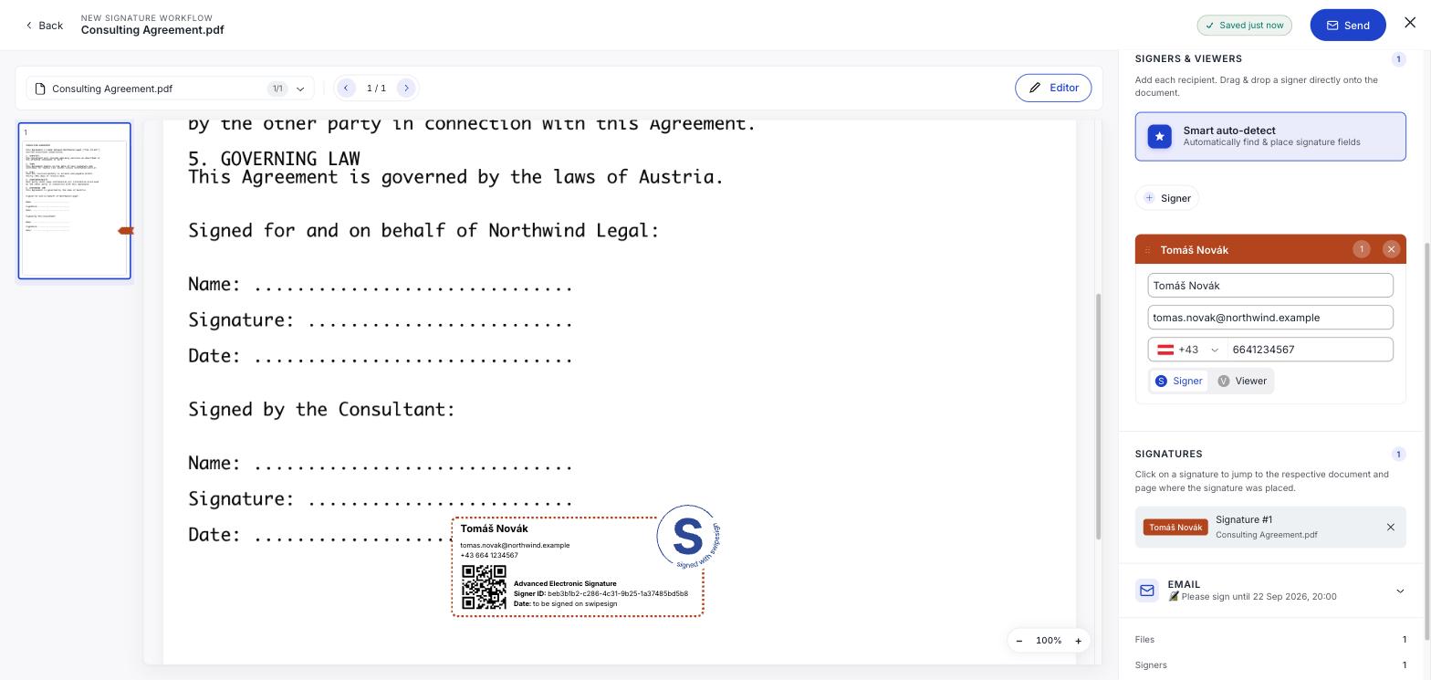 Der Block einer fortgeschrittenen elektronischen Signatur auf einem Vertrag, mit Name des:der Unterzeichner:in, E-Mail-Adresse, Telefonnummer, QR-Code, Unterzeichner-ID und der Bezeichnung „Advanced Electronic Signature".
