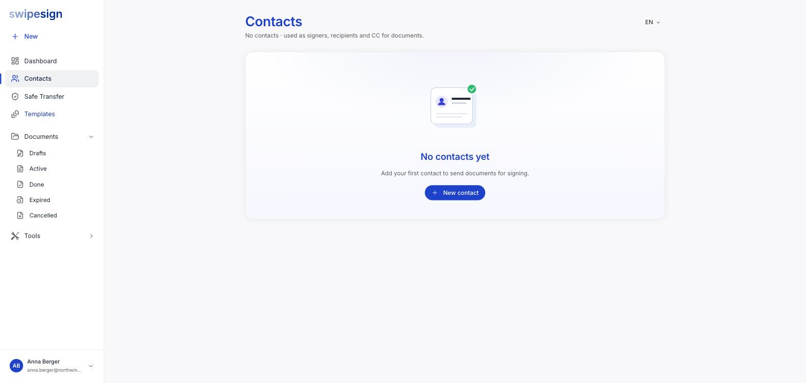 Die Seite „Kontakte" im leeren Zustand mit dem Text „Noch keine Kontakte" und einer Schaltfläche „Neuer Kontakt".