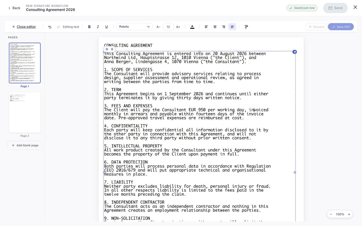 Der Editor mit ausgewähltem Absatz und der Textleiste: fett, kursiv, unterstrichen, Schriftart, Größe, Farbe, Ausrichtung und Format übertragen.