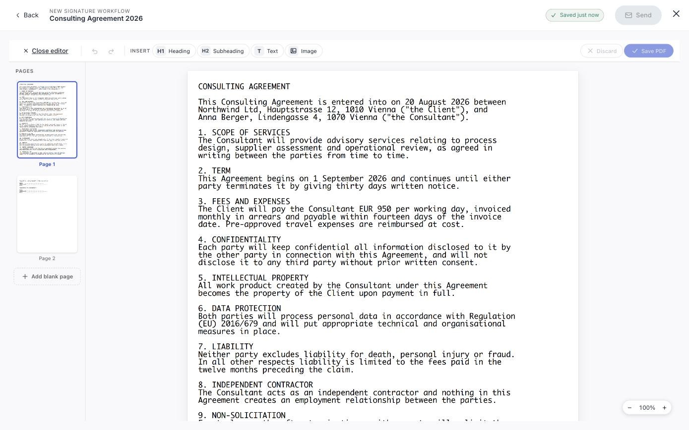 Der PDF-Editor, geöffnet auf einem Vertrag, mit einer Einfügen-Leiste für Überschrift, Zwischenüberschrift, Text und Bild, links einer Seitenleiste und den Aktionen „Verwerfen" und „PDF speichern".