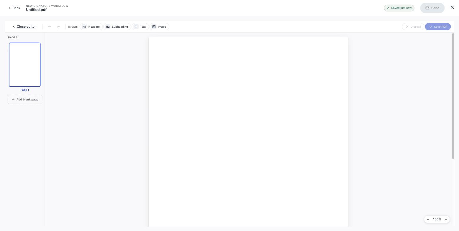 Der eingebaute PDF-Editor mit einer Einfügen-Leiste für Überschrift, Zwischenüberschrift, Text und Bild, einer Seitenleiste mit „Leere Seite hinzufügen" und den Schaltflächen „Verwerfen" und „PDF speichern".