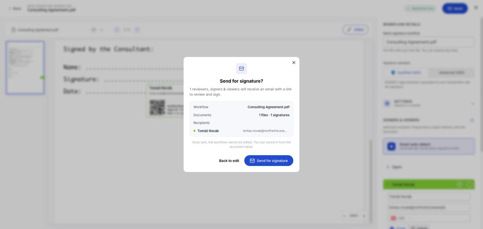 Der Dialog „Zur Signatur senden" mit dem Vorgang, den Dokumenten und den Empfänger:innen samt Adressen.