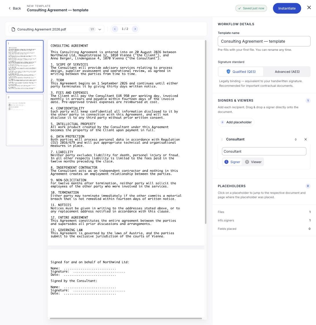 Eine gespeicherte Vorlage, im Ersteller geöffnet, mit der benannten Rolle „Berater" statt einer Person und der Schaltfläche „Vorlage verwenden" rechts oben.
