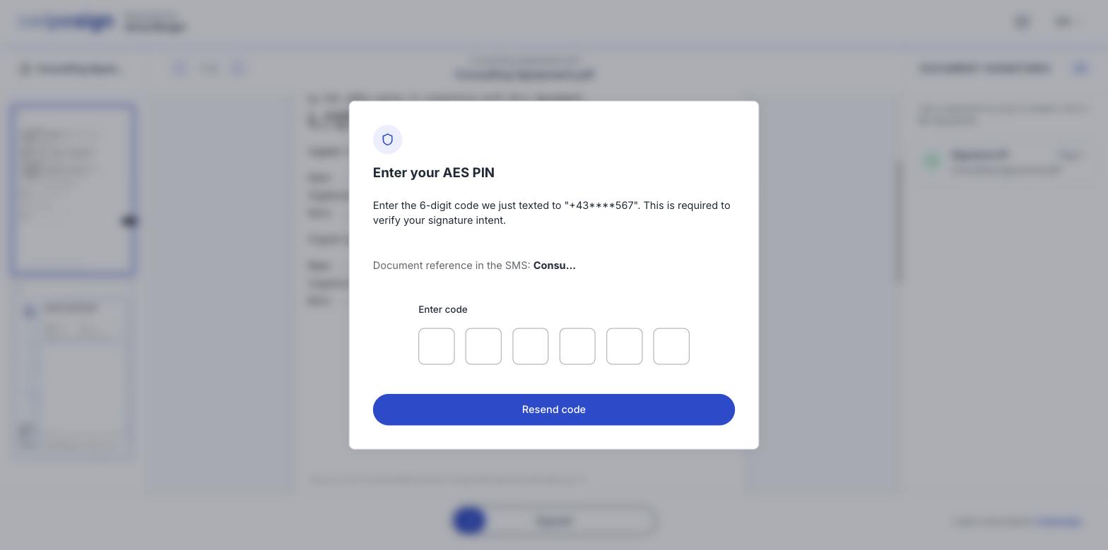 Der Dialog „Enter your AES PIN", der nach einem 6-stelligen Code an eine teilweise maskierte Telefonnummer fragt, mit der Schaltfläche „Code erneut senden".