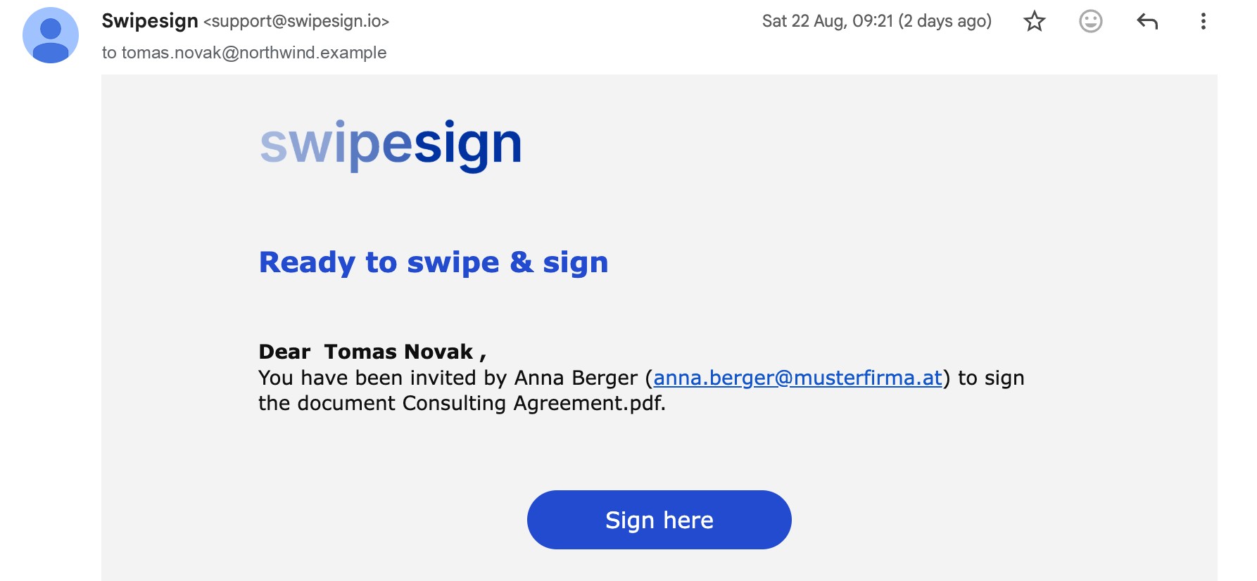 Die swipesign-Einladungs-E-Mail im Postfach: von Swipesign <support@swipesign.io>, mit der Überschrift „Ready to swipe & sign", Absender:in und Dokument benannt, und einer Schaltfläche „Sign here".