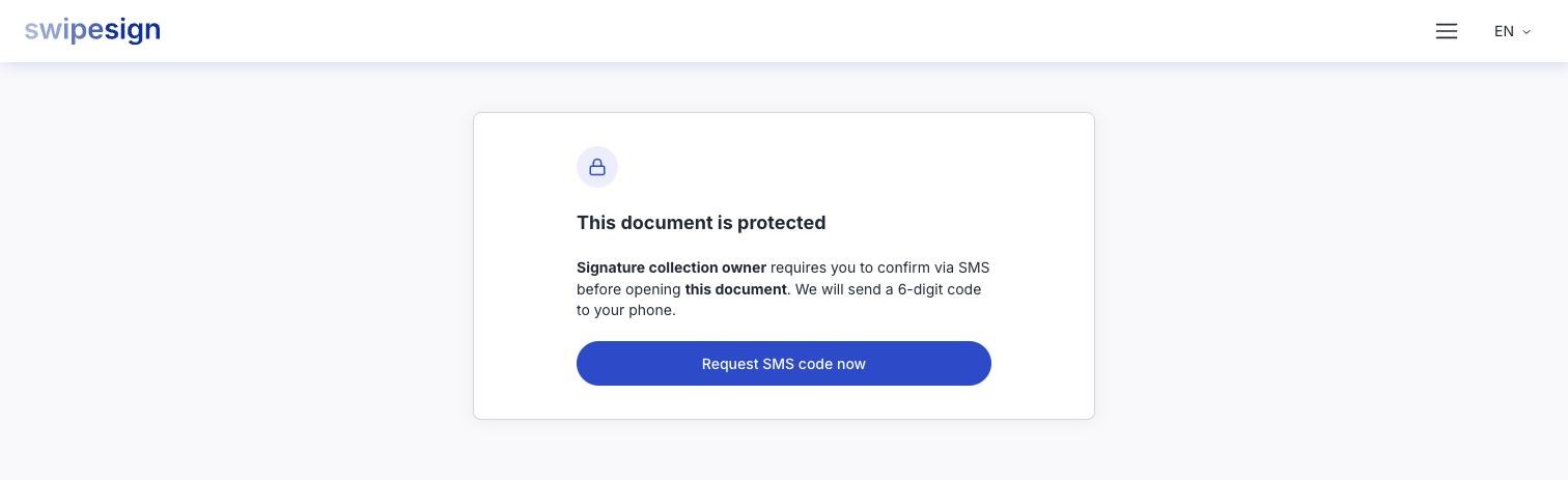 Der Bildschirm für geschützte Dokumente, der um Bestätigung per SMS bittet, mit der Schaltfläche „SMS Code jetzt anfordern".