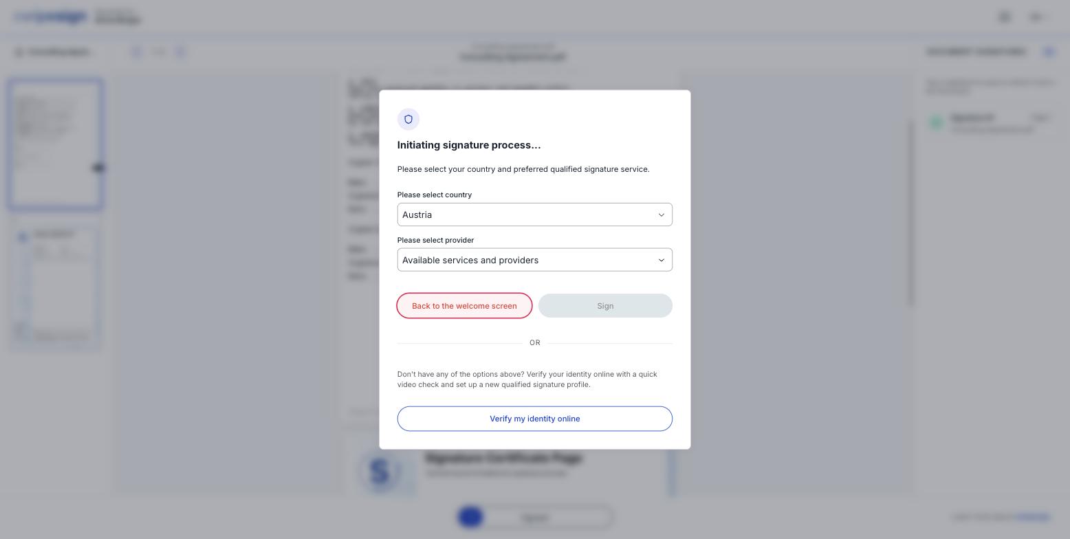 Der Dialog zur Anbieterwahl mit einem Länder-Auswahlfeld auf Österreich, einem Anbieter-Auswahlfeld und darunter der Möglichkeit „Identität online verifizieren".