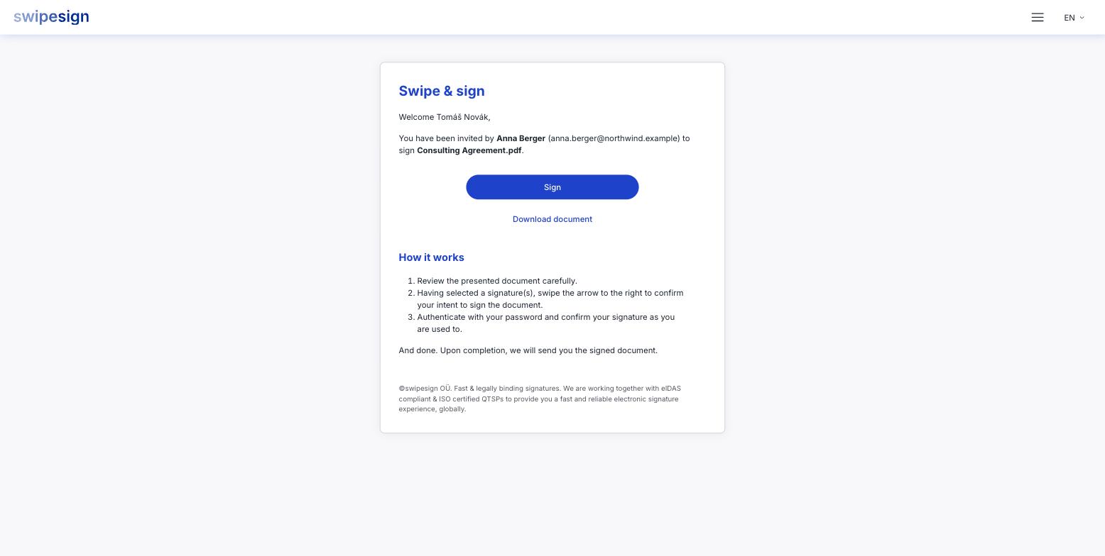 Die Startseite des Signaturvorgangs mit den Namen von Unterzeichner:in und Absender:in, einer Schaltfläche „Unterschreiben", einem Link „Dokument herunterladen" und einer Kurzanleitung.